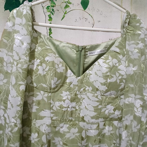 Saints + Secrets Olive Leaf Print Balloon sleeved Ruffle Hem Mini Dress, - Picture 4 of 11